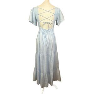 NWT LUSANA Linen Coco Lace Back Tiered Midi Sky‎ Blue Lined Size 4